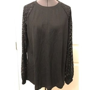 Long Sleeve Shirt XL, Black Waffle Knit with Lace Sleeves, Casual Dressy